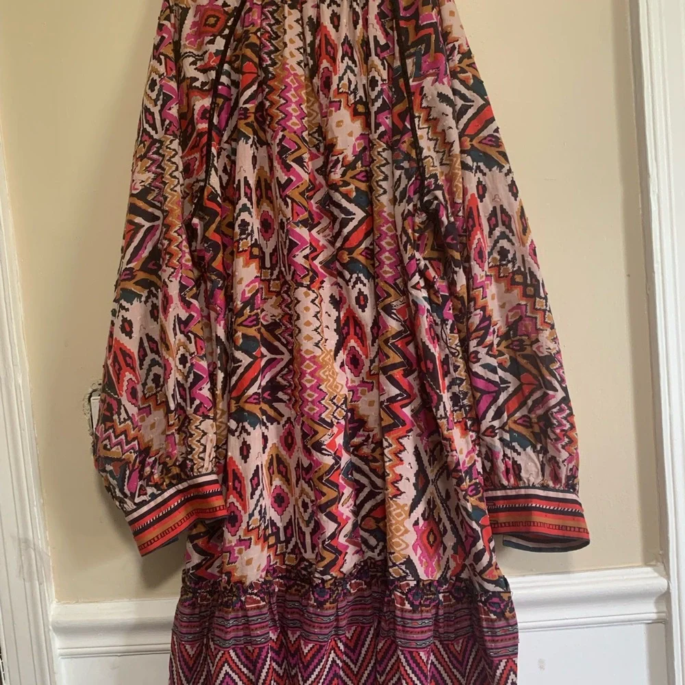 ZARA Boho Tunic Dress L Ikat Tribal Print Long Sleeve Button Cuff - Picture 9 of 15